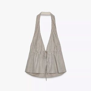 New Zara Striped Poplin Halter Top in Brown/Green